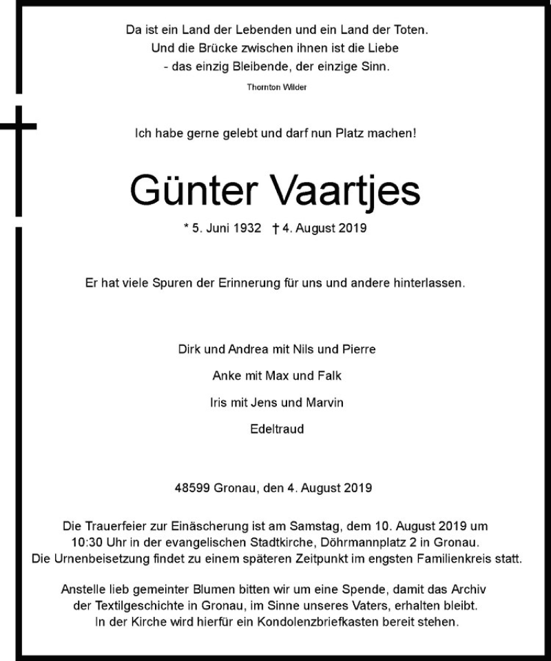  Traueranzeige für Günter Vaartjes vom 07.08.2019 aus Westfälische Nachrichten