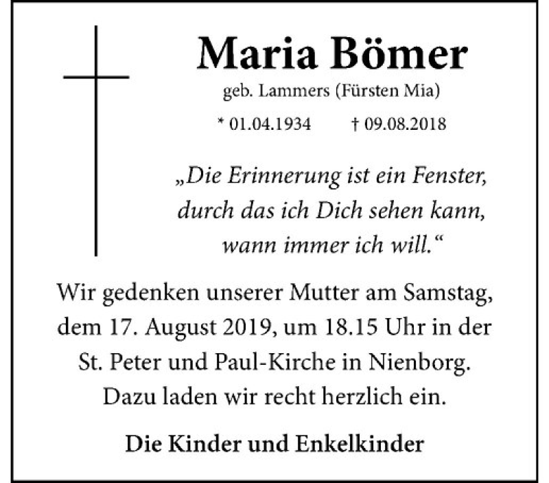  Traueranzeige für Maria Bömer vom 10.08.2019 aus Westfälische Nachrichten