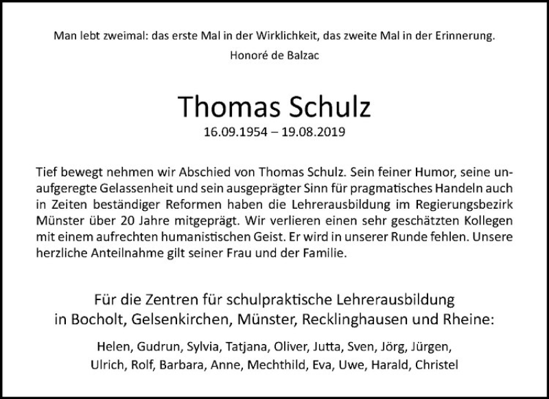  Traueranzeige für Thomas Schulz vom 24.08.2019 aus Westfälische Nachrichten