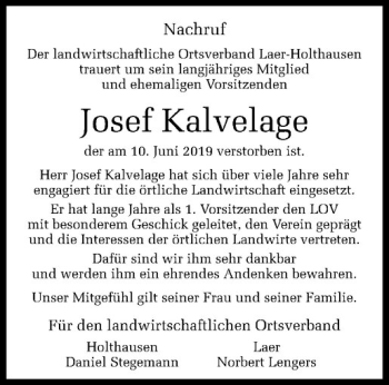 Anzeige von Josef Kalvelage von Westfälische Nachrichten