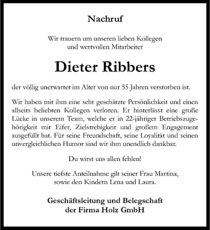  Traueranzeige für Dieter Ribbers vom 25.06.2019 aus Westfälische Nachrichten