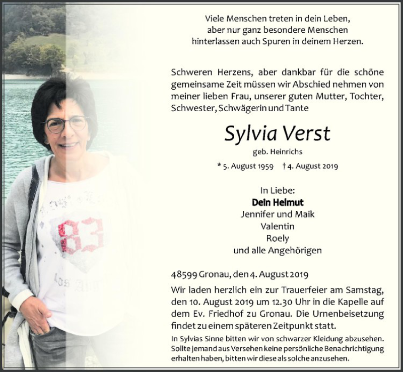  Traueranzeige für Sylvia Verst vom 07.08.2019 aus Westfälische Nachrichten
