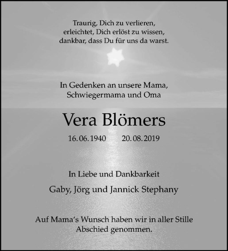  Traueranzeige für Vera Blömers vom 31.08.2019 aus Westfälische Nachrichten
