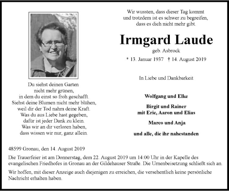  Traueranzeige für Irmgard Laude vom 17.08.2019 aus Westfälische Nachrichten