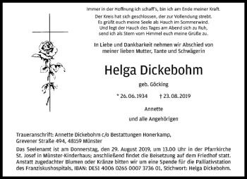Anzeige von Helga Dickebohm von Westfälische Nachrichten