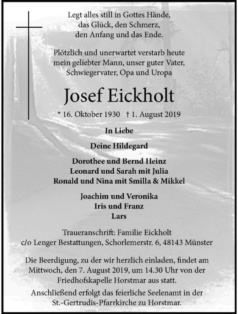  Traueranzeige für Josef Eickholt vom 06.08.2019 aus Westfälische Nachrichten