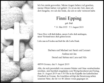 Anzeige von Finni Epping von Westfälische Nachrichten