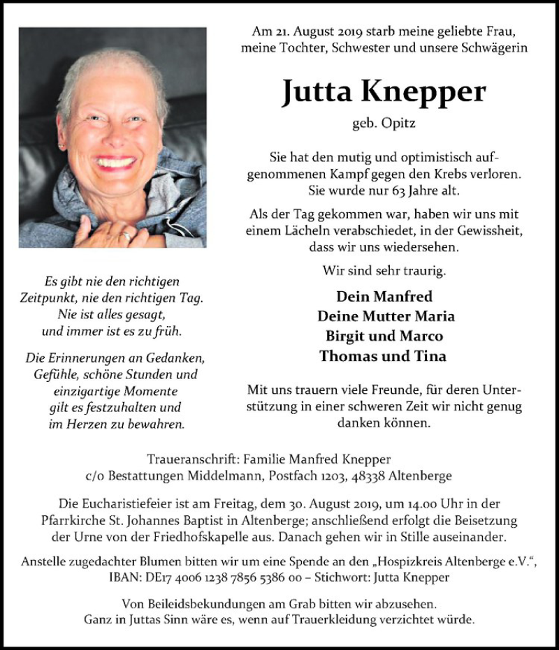  Traueranzeige für Jutta Knepper vom 24.08.2019 aus Westfälische Nachrichten