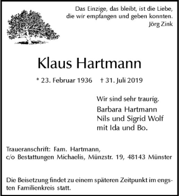 Anzeige von Klaus Hartmann von Westfälische Nachrichten