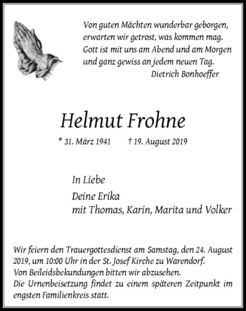 Anzeige von Helmut Frohne von Westfälische Nachrichten