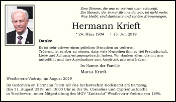 Anzeige von Hermann Krieft von Westfälische Nachrichten