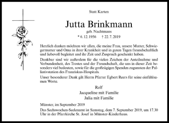 Anzeige von Jutta Brinkmann von Westfälische Nachrichten