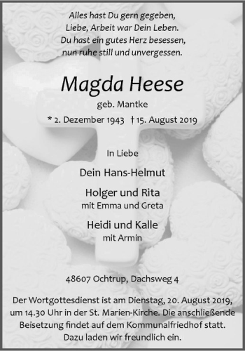 Anzeige von Magda Heese von Westfälische Nachrichten
