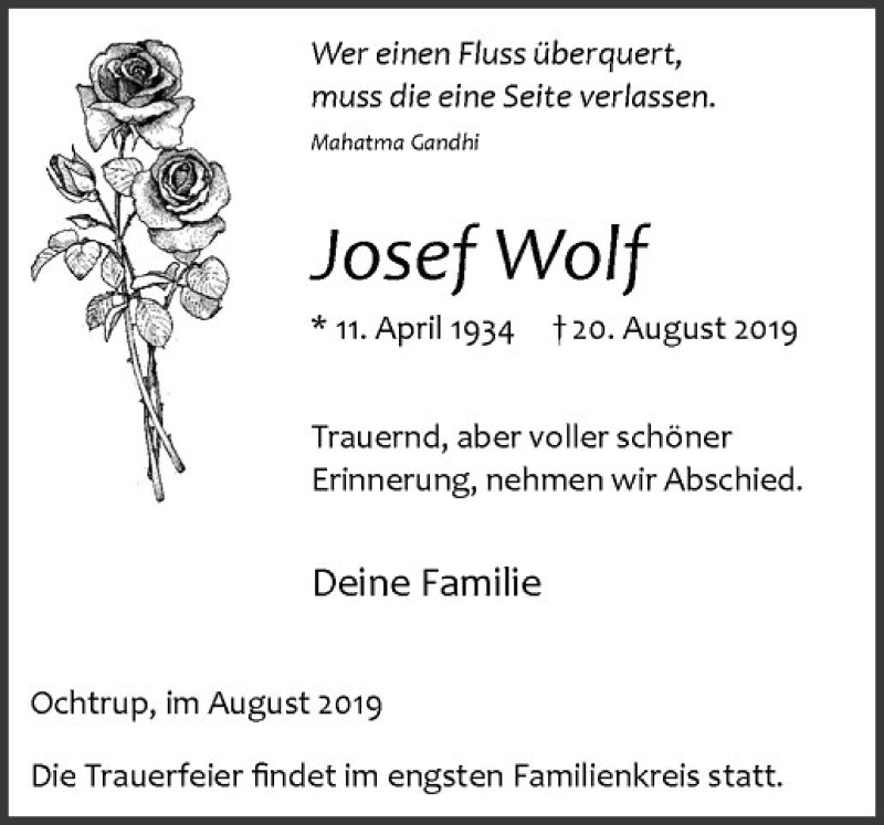  Traueranzeige für Josef Wolf vom 21.08.2019 aus Westfälische Nachrichten