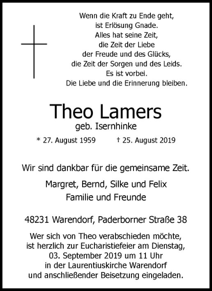  Traueranzeige für Theo Lamers vom 28.08.2019 aus Westfälische Nachrichten