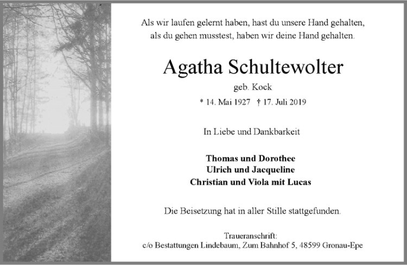  Traueranzeige für Agatha Schultewolter vom 03.08.2019 aus Westfälische Nachrichten