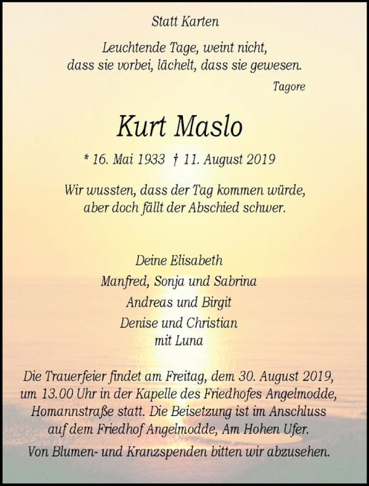  Traueranzeige für Kurt Maslo vom 24.08.2019 aus Westfälische Nachrichten