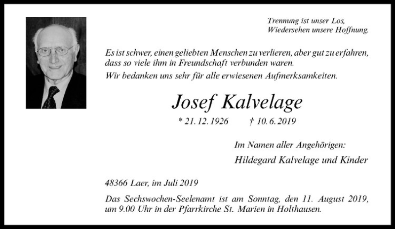  Traueranzeige für Josef Kalvelage vom 03.08.2019 aus Westfälische Nachrichten
