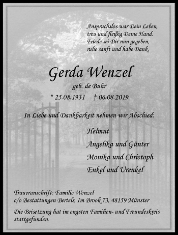 Anzeige von Gerda Wenzel von Westfälische Nachrichten