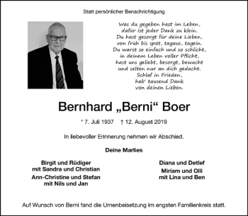 Anzeige von Bernhard Boer von Westfälische Nachrichten