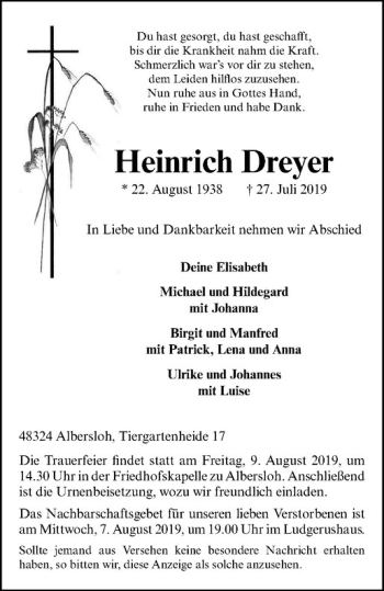 Anzeige von Heinrich Dreyer von Westfälische Nachrichten