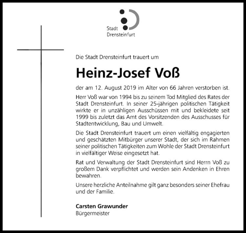  Traueranzeige für Heinz-Josef Voß vom 20.08.2019 aus Westfälische Nachrichten