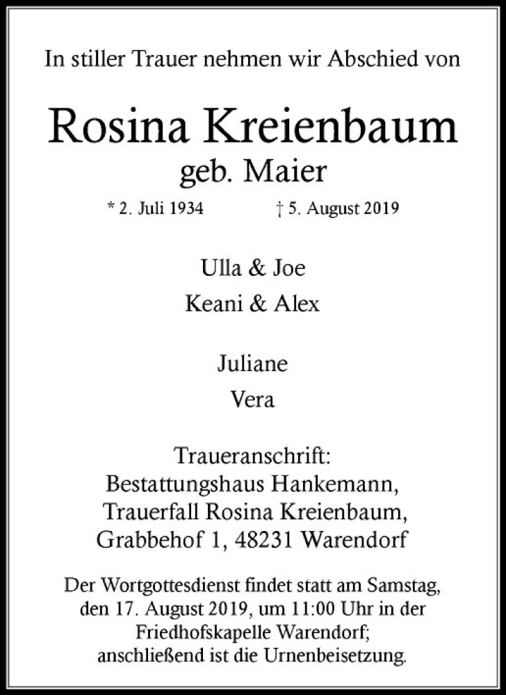  Traueranzeige für Rosina Kreienbaum vom 10.08.2019 aus Westfälische Nachrichten