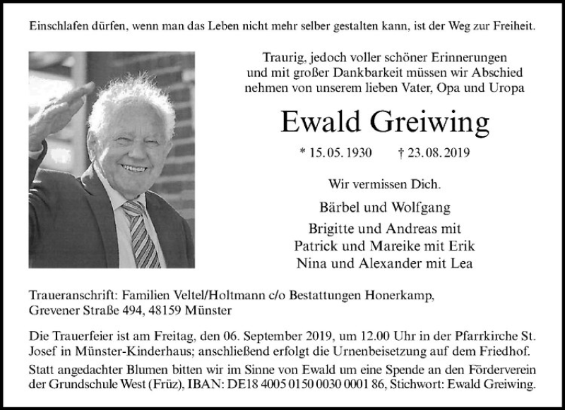  Traueranzeige für Ewald Greiwing vom 31.08.2019 aus Westfälische Nachrichten