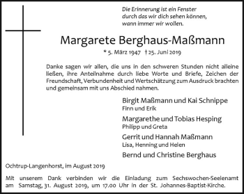 Anzeige von Margarete Berghaus-Maßmann von Westfälische Nachrichten