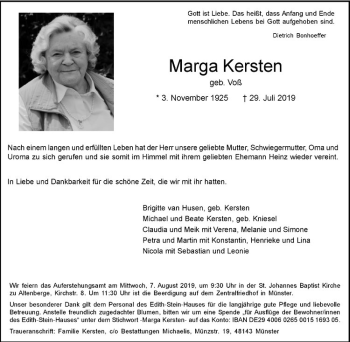 Anzeige von Marga Kersten von Westfälische Nachrichten