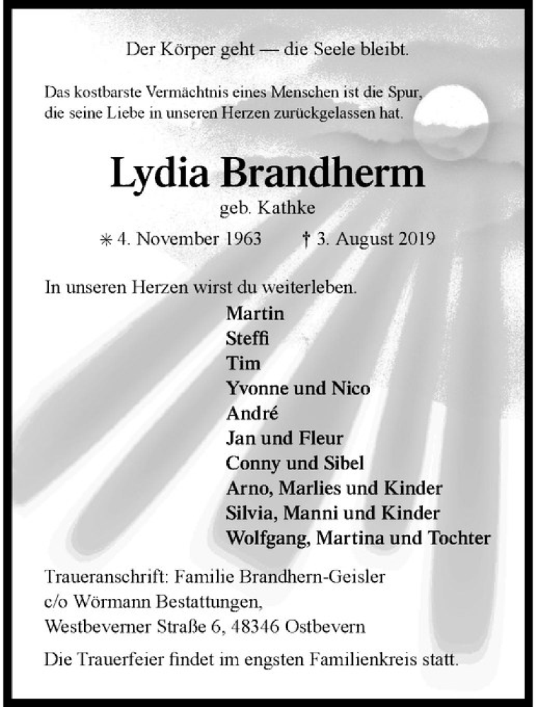  Traueranzeige für Lydia Brandherm vom 07.08.2019 aus Westfälische Nachrichten