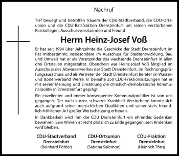 Anzeige von Heinz-Josef Voß von Westfälische Nachrichten