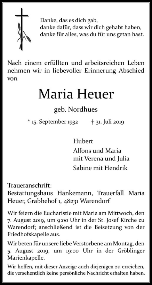 Traueranzeige für Maria Heuer vom 05.08.2019 aus Westfälische Nachrichten
