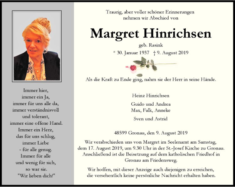  Traueranzeige für Margret Hinrichsen vom 13.08.2019 aus Westfälische Nachrichten