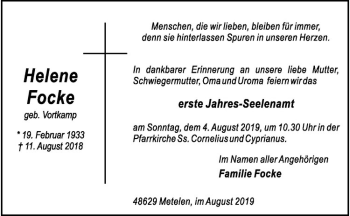 Anzeige von Helene Focke von Westfälische Nachrichten