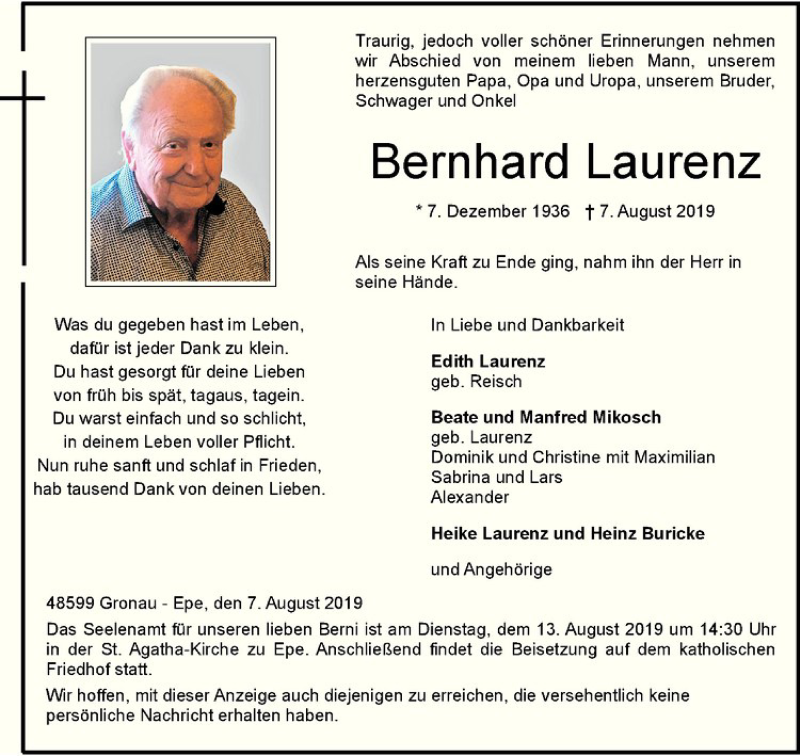  Traueranzeige für Bernhard Laurenz vom 10.08.2019 aus Westfälische Nachrichten