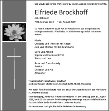 Anzeige von Elfriede Brockhoff von Westfälische Nachrichten