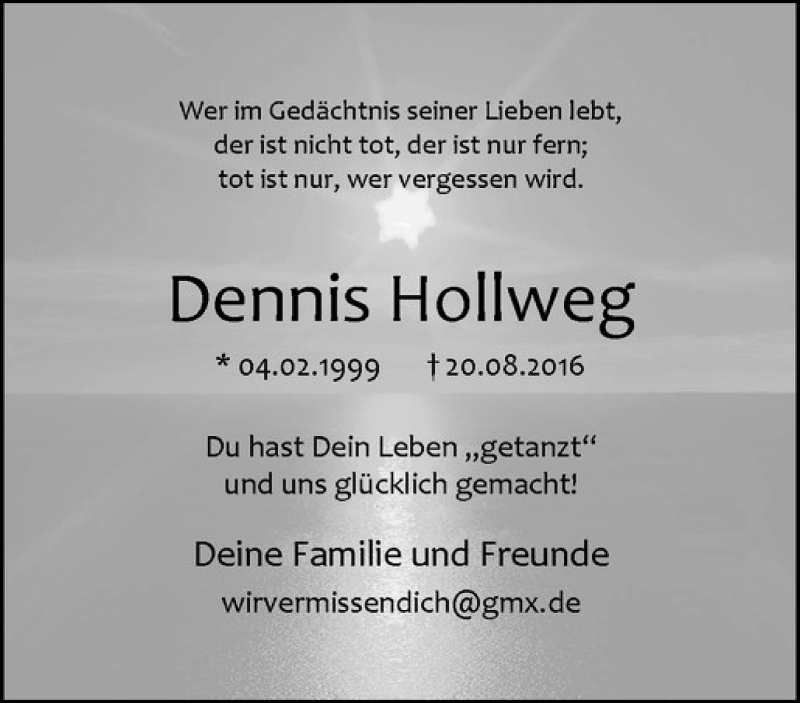  Traueranzeige für Dennis Hollweg vom 20.08.2019 aus Westfälische Nachrichten