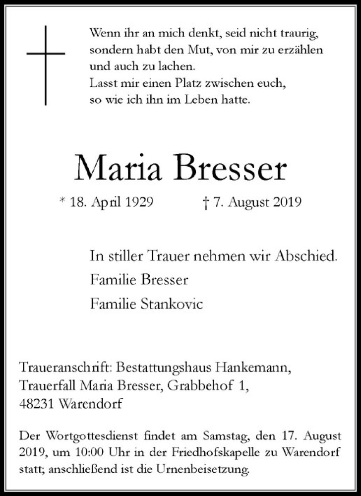  Traueranzeige für Maria Bresser vom 14.08.2019 aus Westfälische Nachrichten