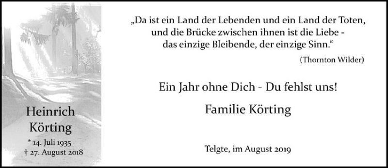  Traueranzeige für Heinrich Körting vom 24.08.2019 aus Westfälische Nachrichten