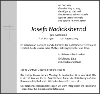 Anzeige von Josefa Nadicksbernd von Westfälische Nachrichten