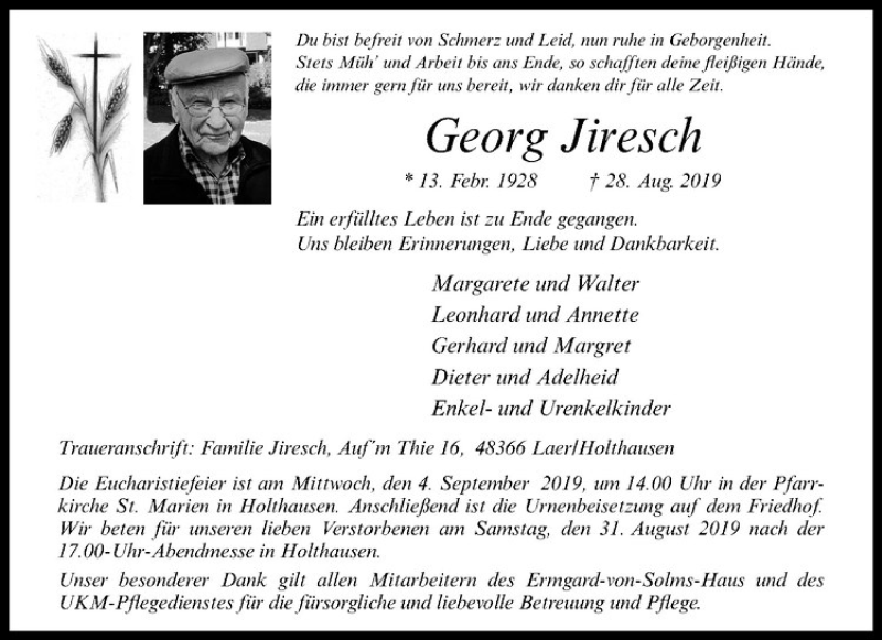  Traueranzeige für Georg Jiresch vom 31.08.2019 aus Westfälische Nachrichten