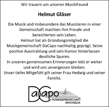 Anzeige von Helmut Gläser von Westfälische Nachrichten