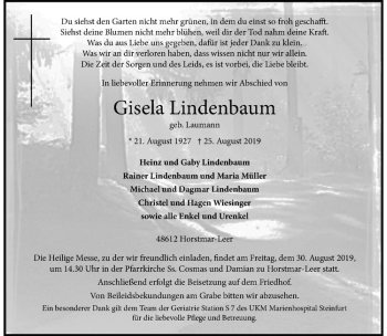 Anzeige von Gisela Lindenbaum von Westfälische Nachrichten