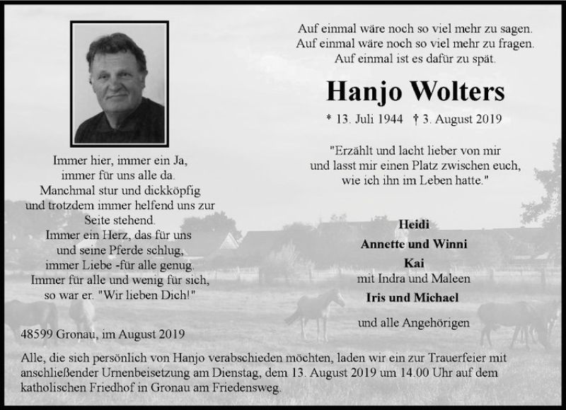  Traueranzeige für Hanjo Wolters vom 07.08.2019 aus Westfälische Nachrichten