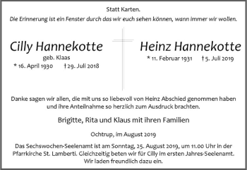 Anzeige von Heinz Hannekotte von Westfälische Nachrichten
