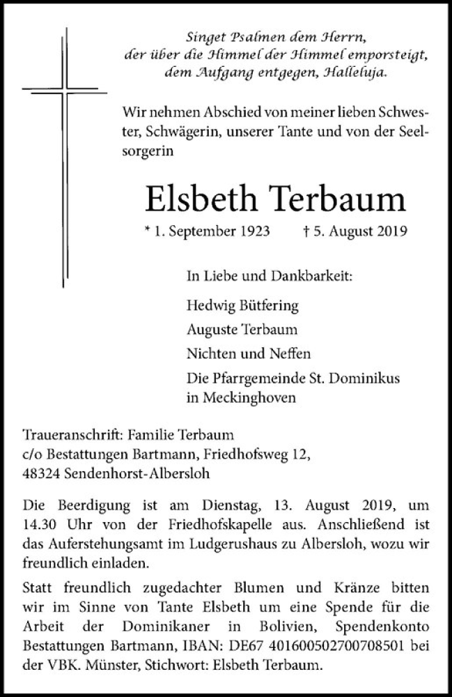  Traueranzeige für Elisabeth Terbaum vom 10.08.2019 aus Westfälische Nachrichten
