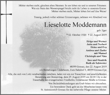 Anzeige von Lieselotte Moddemann von Westfälische Nachrichten