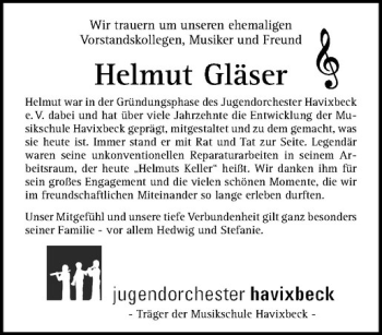 Anzeige von Helmut Gläser von Westfälische Nachrichten