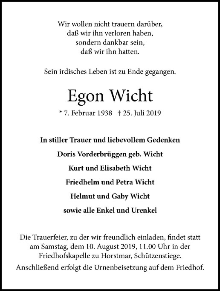  Traueranzeige für Egon Wicht vom 03.08.2019 aus Westfälische Nachrichten